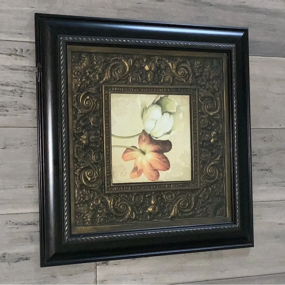 Pair Of Peonies Matted Framed Pictures~Antique Bronze & Brown Frames~Traditional